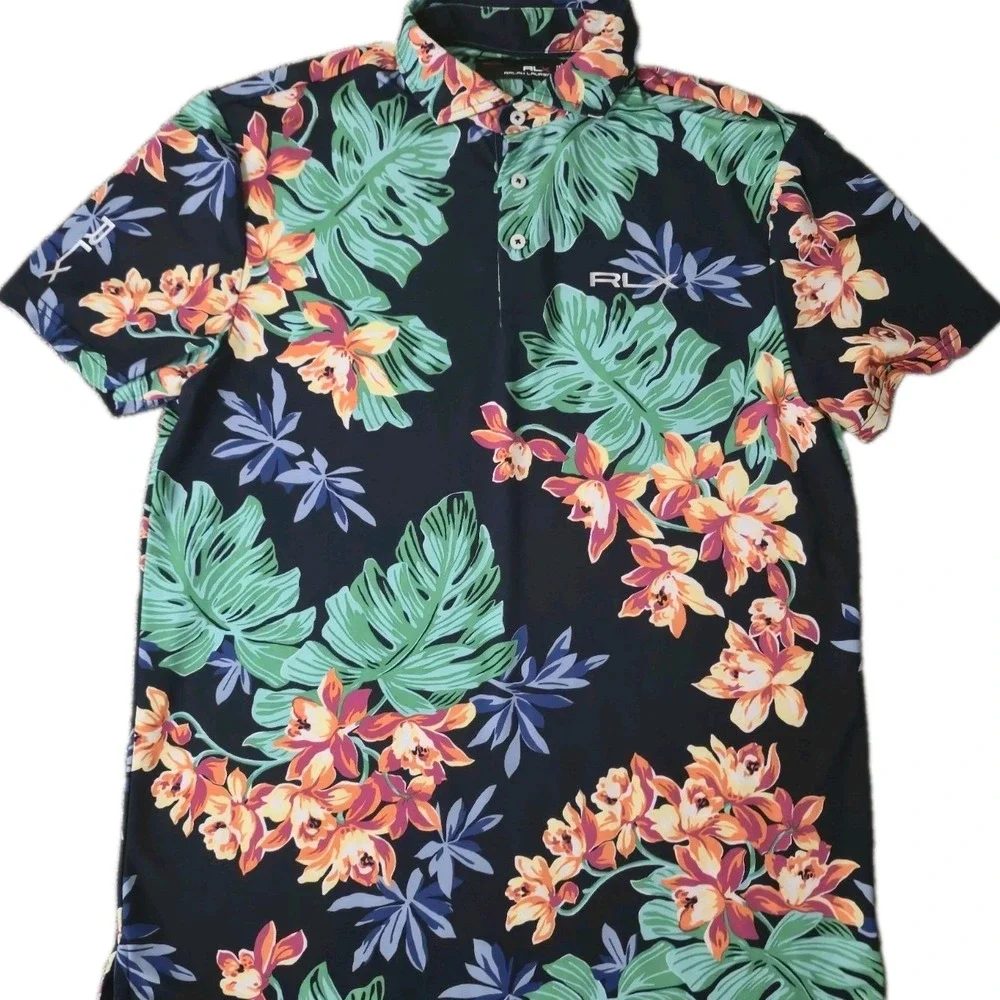 Ralph Lauren RLX Polo Shirt Mens Medium Floral Blue Pro Fit Performance Golf
